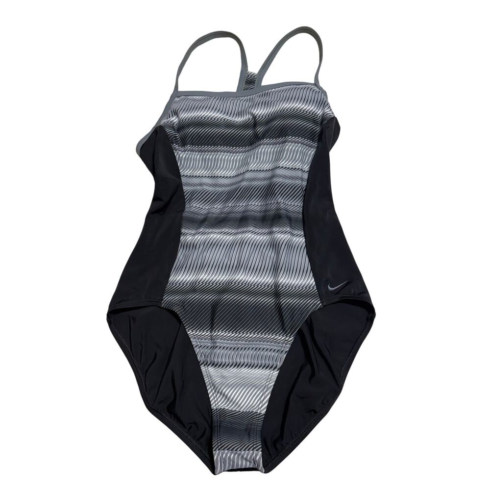 Nike Swimsuit One Piece Gray Black Striped Women's Size XL Swimming Bathing Suit